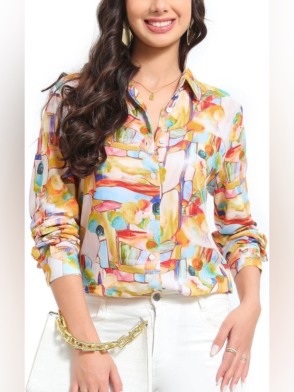 Jmitha Colorful Abstract Watercolor Button Down Shirt